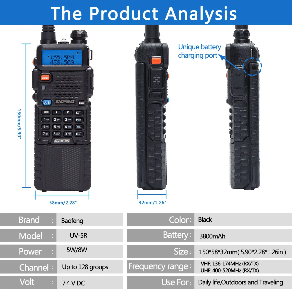 Baofeng UV-5R 워키토키 VHFUHF 듀얼 밴드, 3800mAh 긴 리튬 이온 배터리, 16km 장거리 UV5R 햄, 양방향 라디오, 5W, 8W