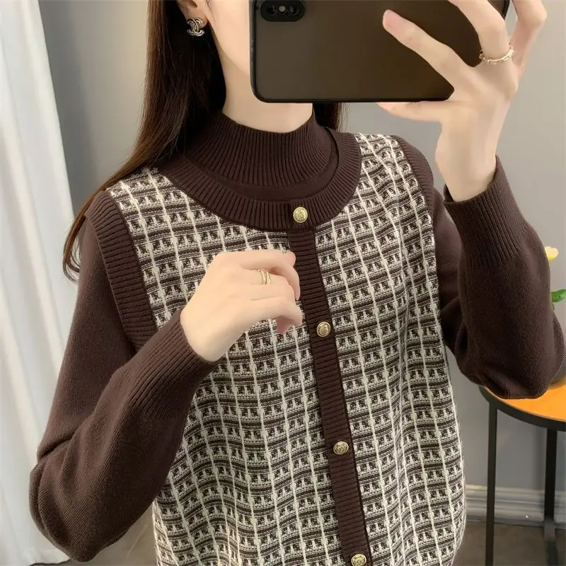 Women Autumn Winter Casual Korean patchwork jacquard Loose sweater Long sleeve women clothes office Lady Button Fake two items