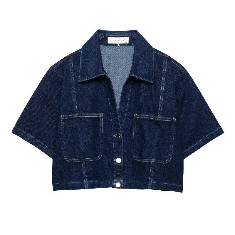 

Women Casual Vavy Blue Denim Cropped Shirt Short Sleeves Single Breasted V-neck Summer Blouse with Front Double Pockets