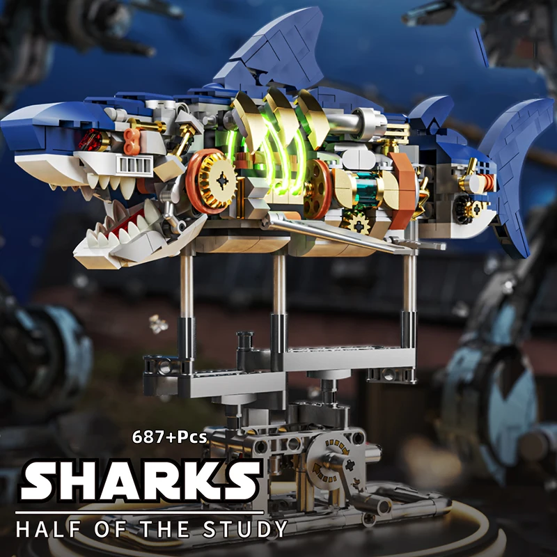 Sci-Tech STEM Education Mechanical Shark Marine Animal Electric Toy Building Block Model Set MOC Style Assembly Blocks for Kids