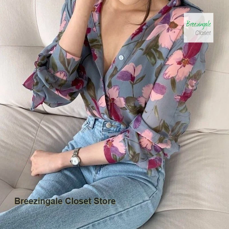 French high-grade luxury floral chiffon long-sleeved shirt women's summer thin slim and simple western-style niche design top