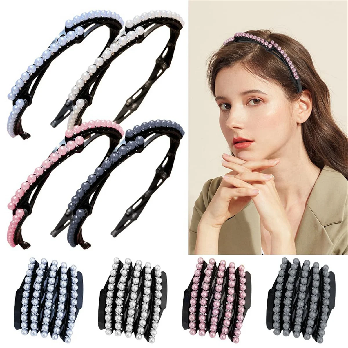 AB72-4Pcs Retractable Pocket Headbands - Non Slip Portable Telescopic Hair Hoops,Foldable Headbands for Women Washing Makeup