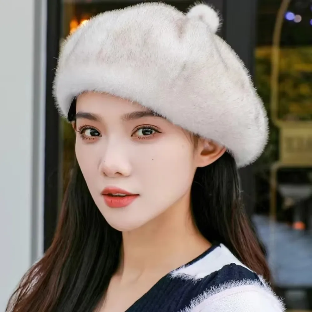 Leopard Print Faux Rabbit Fur Beret Solid Color Thicken Painter Beret Hat Keep Warm Flush Furry Octagonal Beanie Cap Women Girl