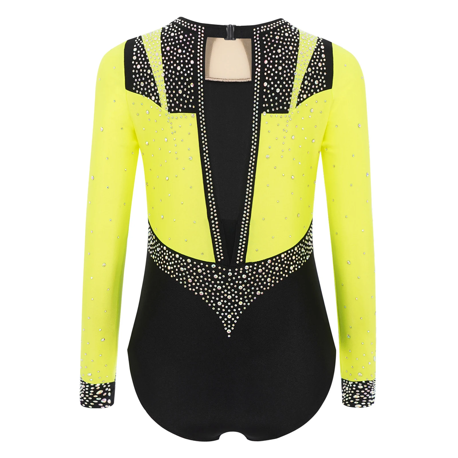 Girls Rhinestones Gymnastics Leotards Long Sleeve Figure Skating Bodysuit Dancewear Ballet Ballerina Stage Performance Costumes