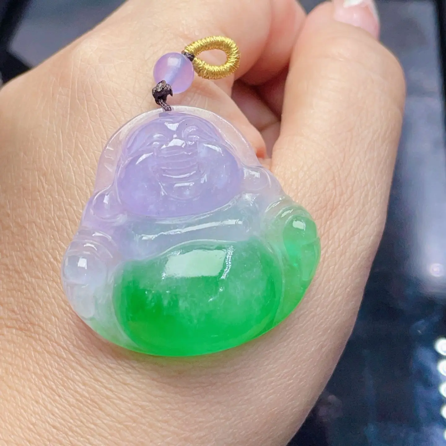 

Jade Buddha High Ice Spring Color Myanmar Old Pit Symphony Purple Green Bright Water Head Foot Sculpture Maitreya Buddha Pendant