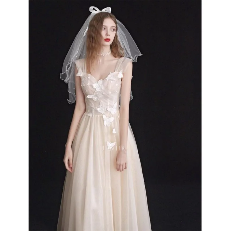 シャンパンライトのウェディングドレスエレガントな女性オーガンザアップリケパーティーイブニングウエディングドレス 2025 新しいカスタマイズされたフォーマルな機会のドレス