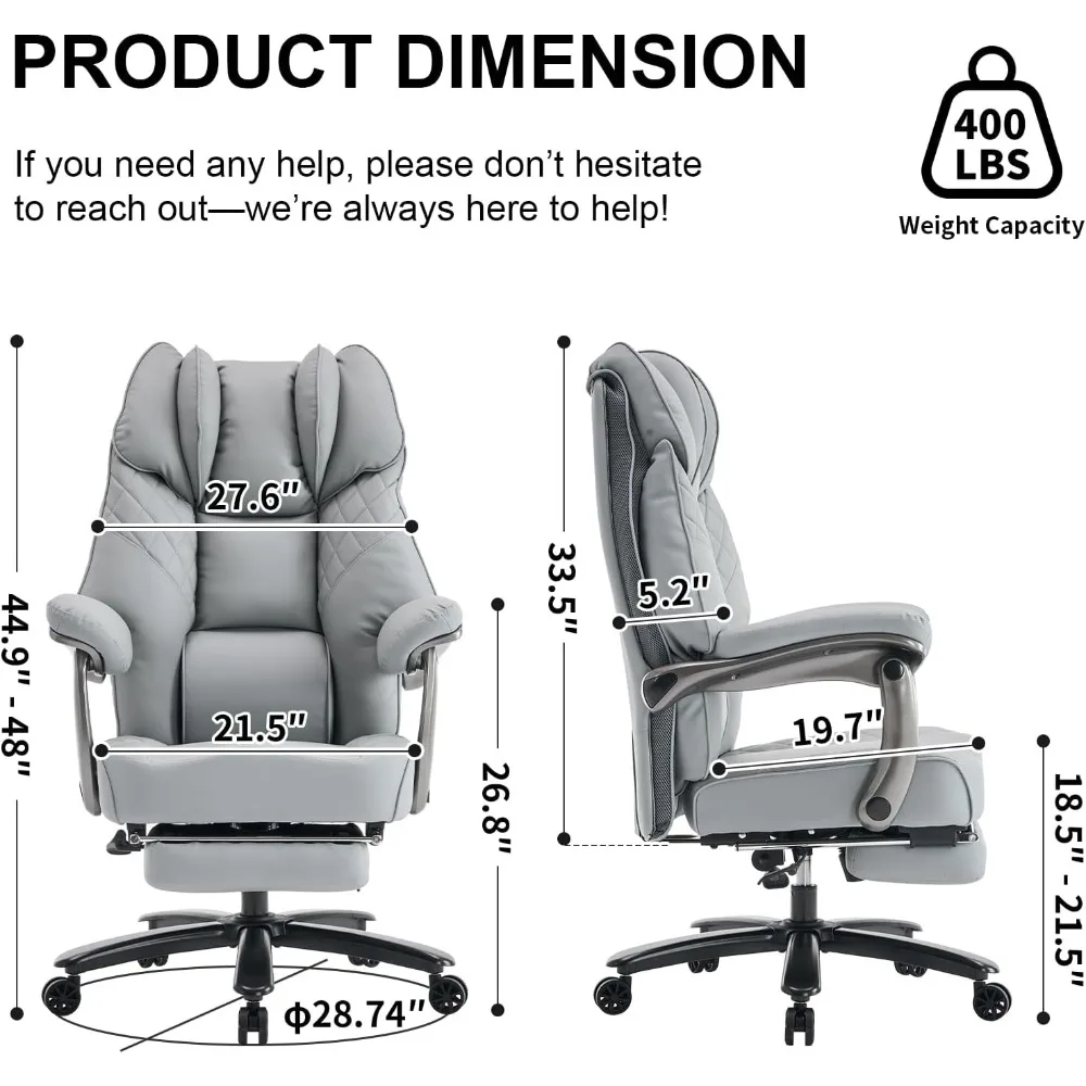 튼튼한 400파운드(약 180kg) 하중의 넓은 좌석과 발받침이 있는 사무용 의자, 등받이가 높은 인체공학적 임원용 책상 의자
