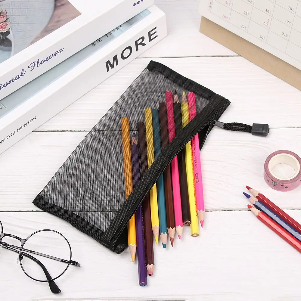 1pc Solid Color Nylon Stationery Coin Purse Cosmetic Handbags Zipper Pencil Case Mesh Pen Bag Transparent Grid Cosmetic Storage