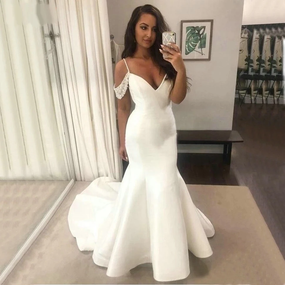 

ANGELSBRIDEP Sweetheart Mermaid Wedding Dresses Vestido De Noiva Sexy Spaghetti Straps Satin Simple Design Cheap Bride Gowns HOT