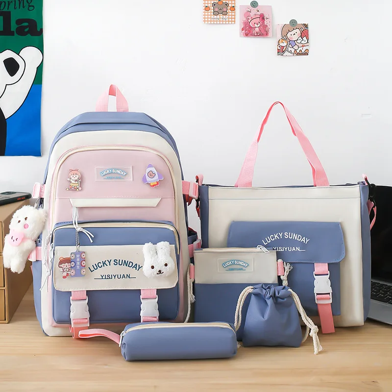 5 Pcs Set Girls Student Backpack Primary School Bag for Teenager Girl Schoolbag Book Bags Pencil Case Women Travel Shoulder Bag