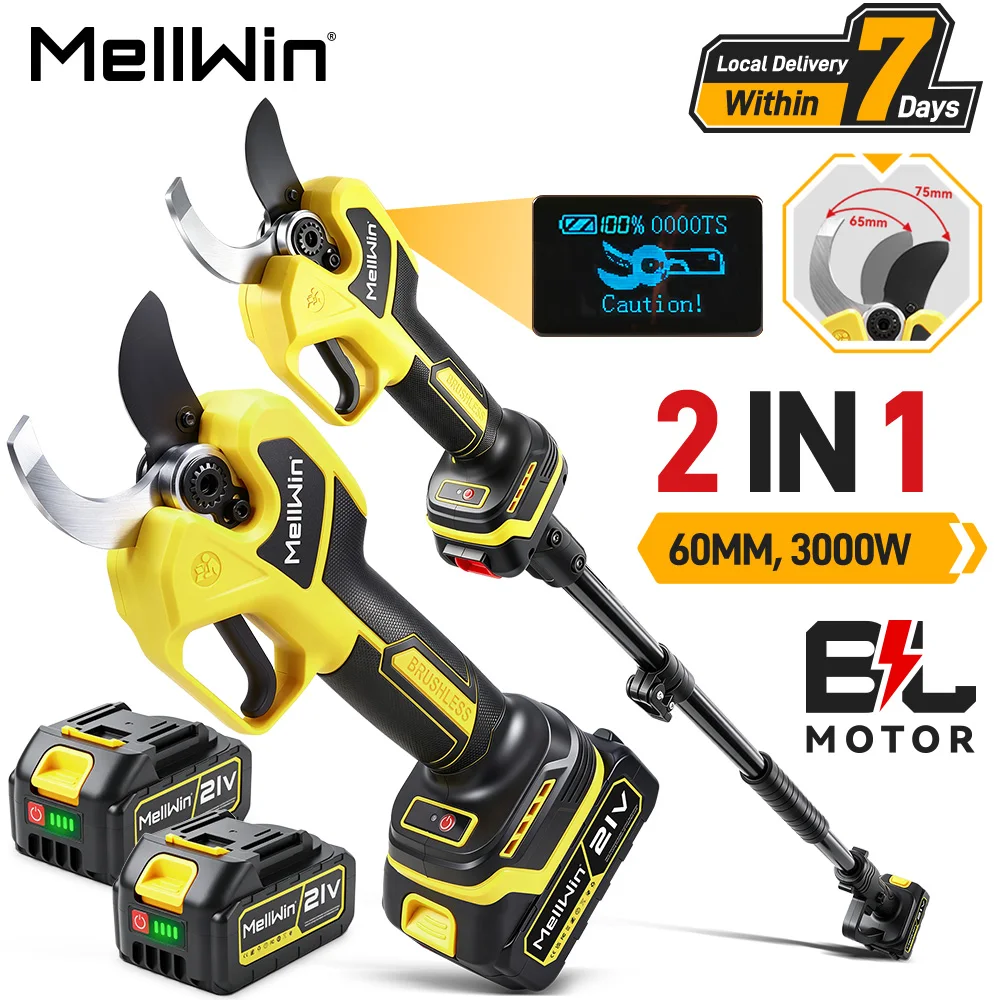 Forbici elettriche senza spazzole MELLWIN da 60 mm con asta telescopica da 180 cm, cesoia elettrica da giardino per batteria Makita 18V