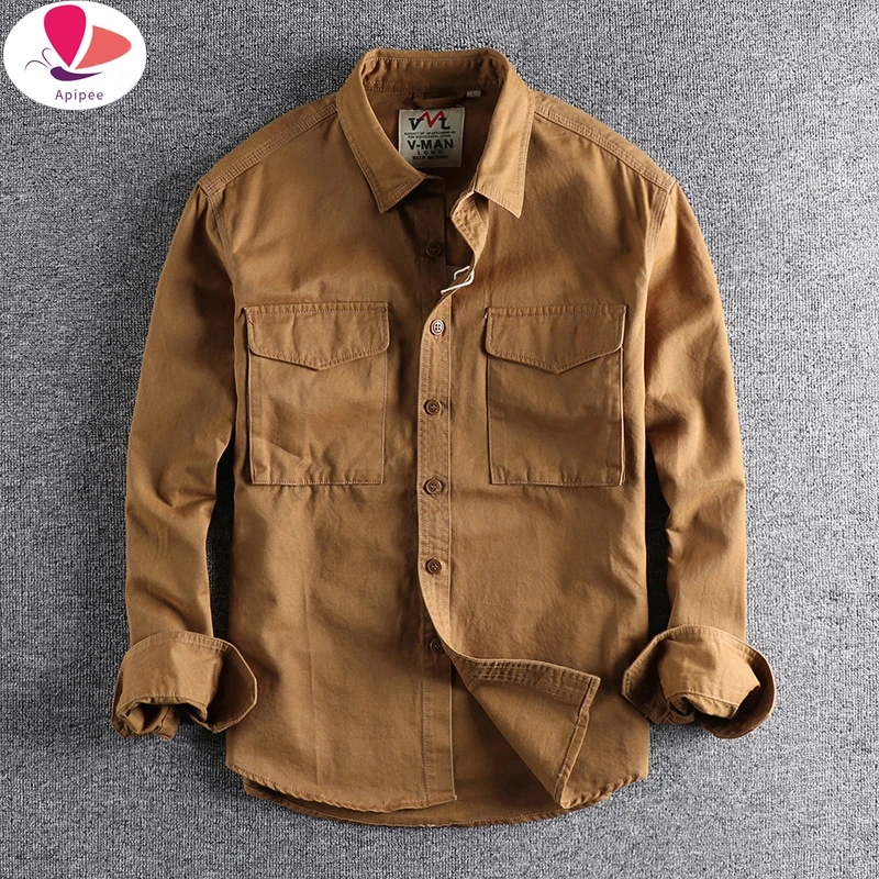 

APIPEE Spring Autumn American Retro Corduroy Solid Color Cargo Shirt Men's Pure Cotton Long-sleeved Pocket Casual Blouses Coat