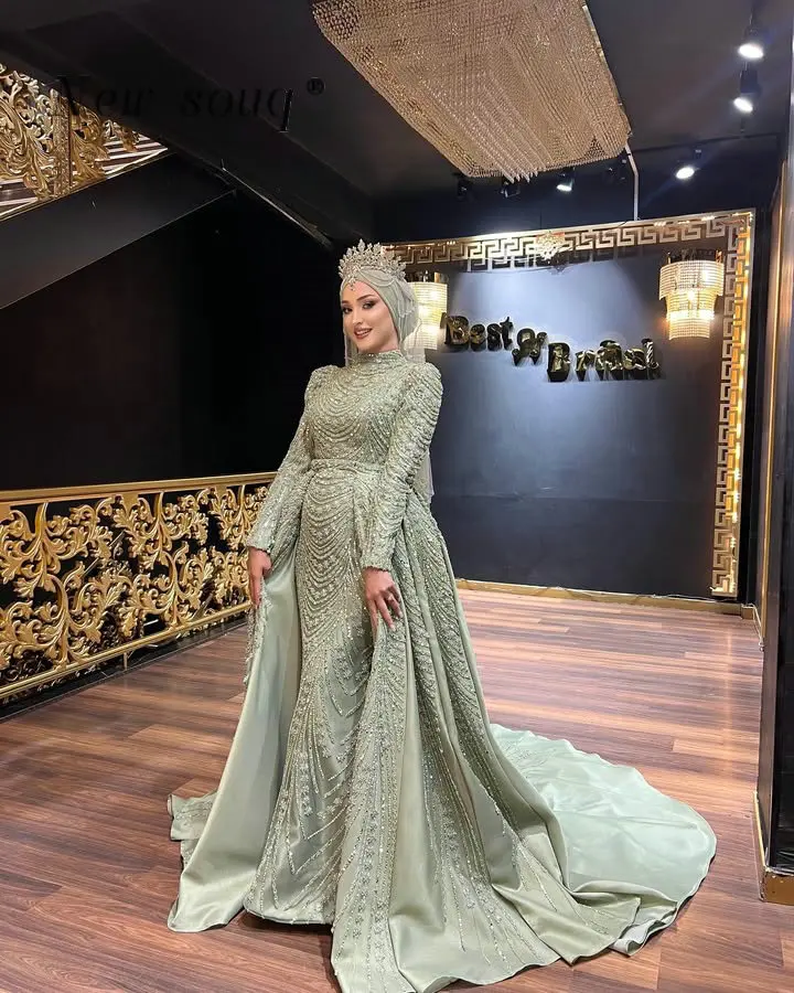 

Саудовская Аравия Мусульманские шалфейно-зеленые платья для выпускного вечера с верхней юбкой из бисера с высоким воротом Свадебные платья для приема плюс размер по индивидуальному заказу 2025