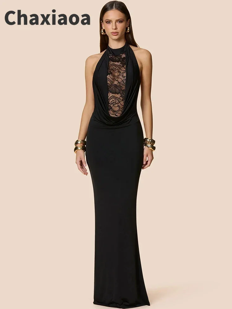 차샤오아 홀터 레이스 V넥 섹시 맥시 드레스 여성용 가운 우아한 레이스 시스루 오프숄더 백리스 바디콘 클럽 파티 롱 드레스