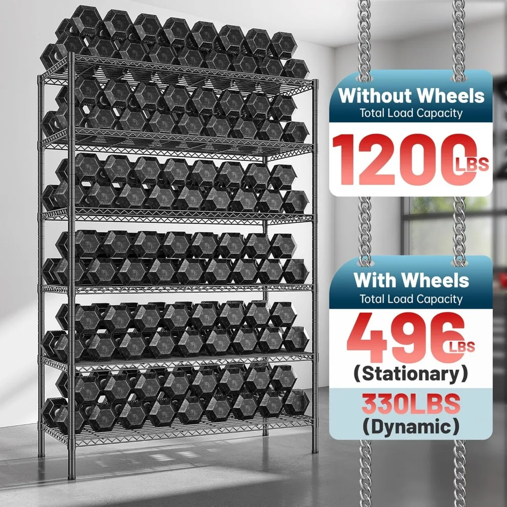 6段調節可能な金属ワイヤーシェルフ、車輪付き、82H x 45W x 18D、頑丈な収納棚、1200ポンドの容量、パントリーオーガナイザー