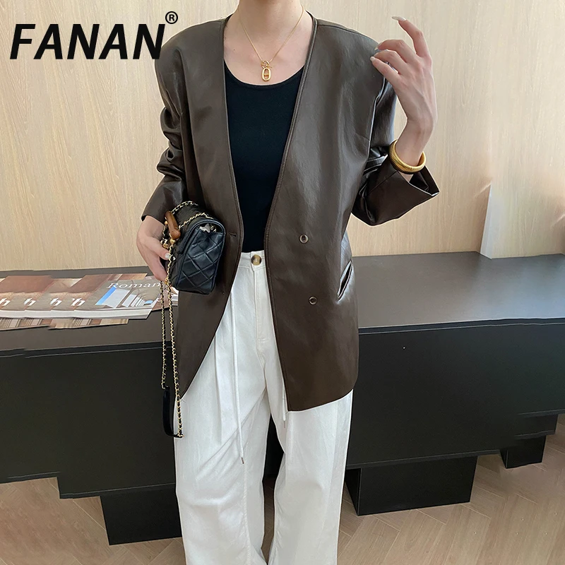 

FANAN Vintage Leather Loose Blazers For Women V Neck Long Sleeve Single Button Office Lady Jackets Female Coats 2025 Autumn New