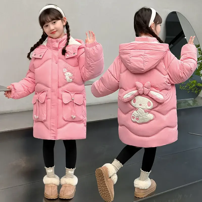 Sanrio hello kitty jaket bertudung katun wanita, pakaian jaket beludru musim dingin melody kuromi lucu