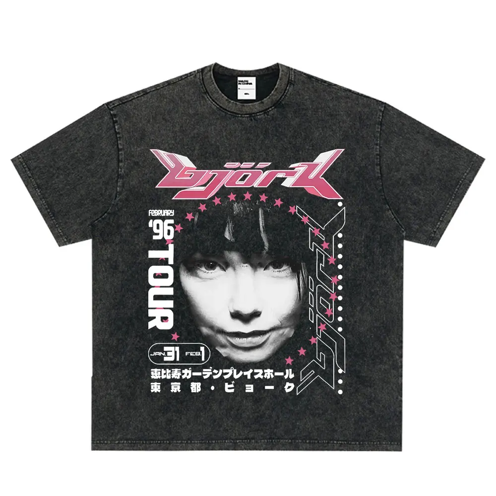 Bjork Army of Me Aphex Twin T Shirt Hip Hop Streetwear Vintage Washed T-shirts Men Women Clothing Short Sleeve Oversized T-shirt