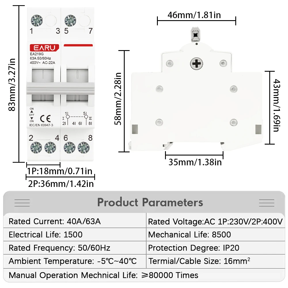 1P 2P 40A 63A 125A Din Rail Modular MTS Dual Power Manual Transfer Switch AC Isolating Discounnecting Switch Circuit Breaker