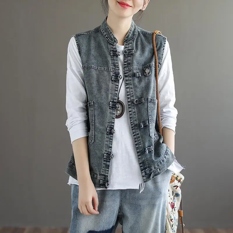 

Trendy Chinese Brand Women's Denim Vest Svel Top Spring Outerwear Cotton Color Commute Sle Single Button