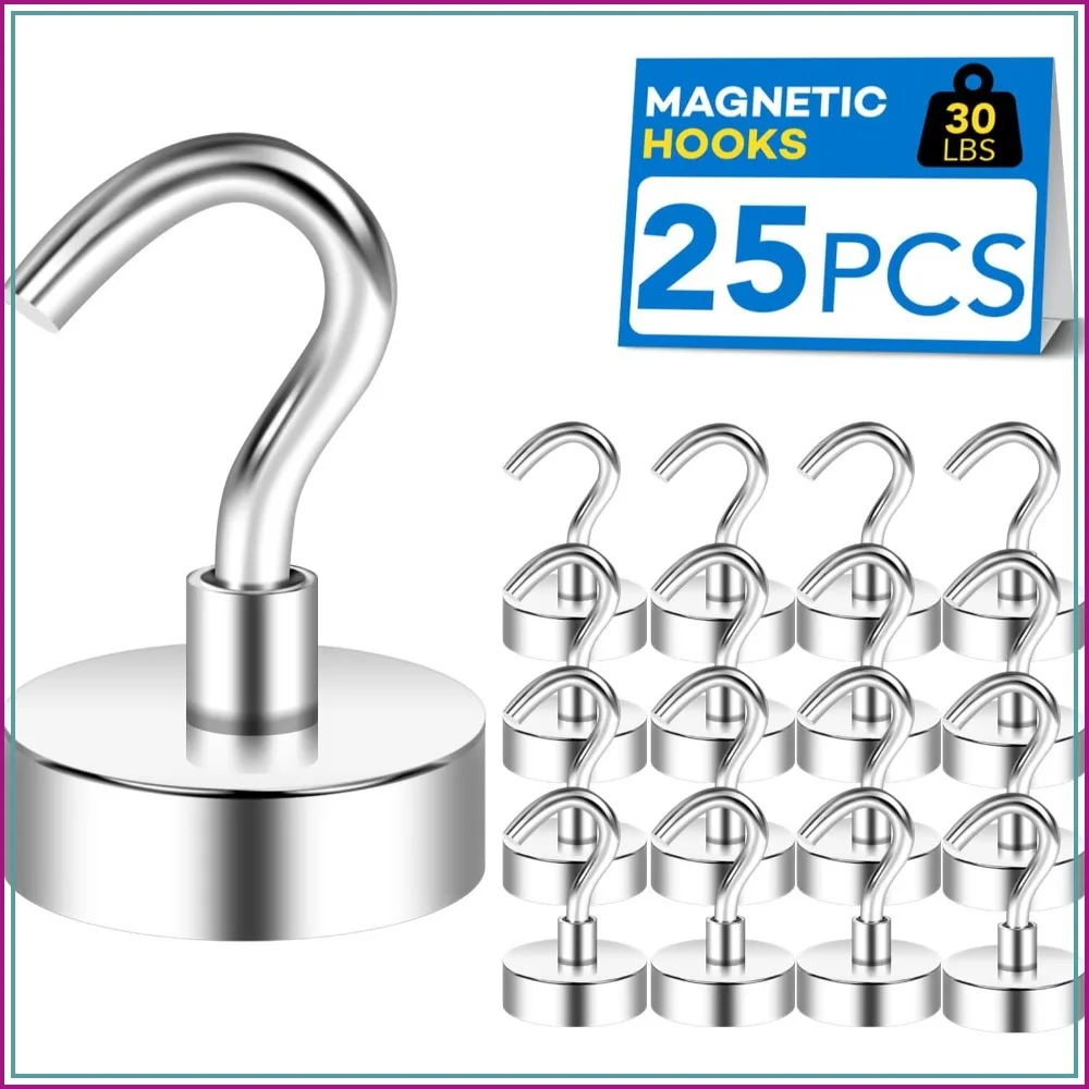 30LBS Magnetic Hooks, 25 Pack - Heavy Duty Neodymium for Cruise, Fridge, Ceiling