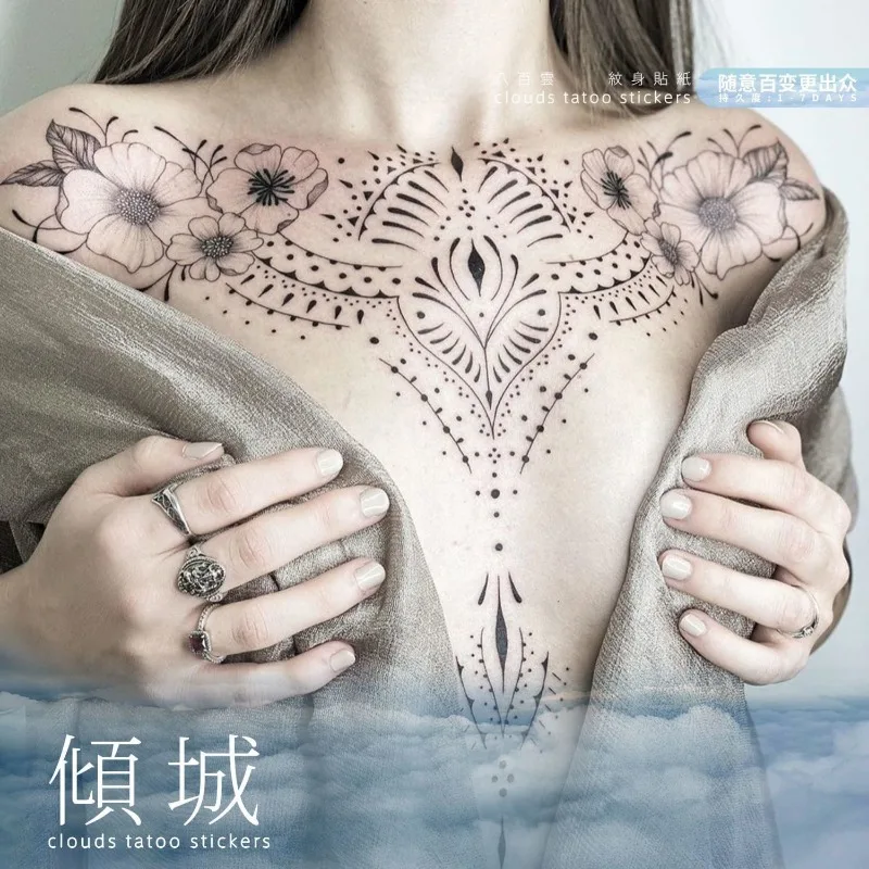 Chest Flower Tatoo Sticker Lasting Fake Tattoo for Woman Sexy Totem Temporary Tattoo Floral Art Faux Tattoos Waterproof Tatuajes