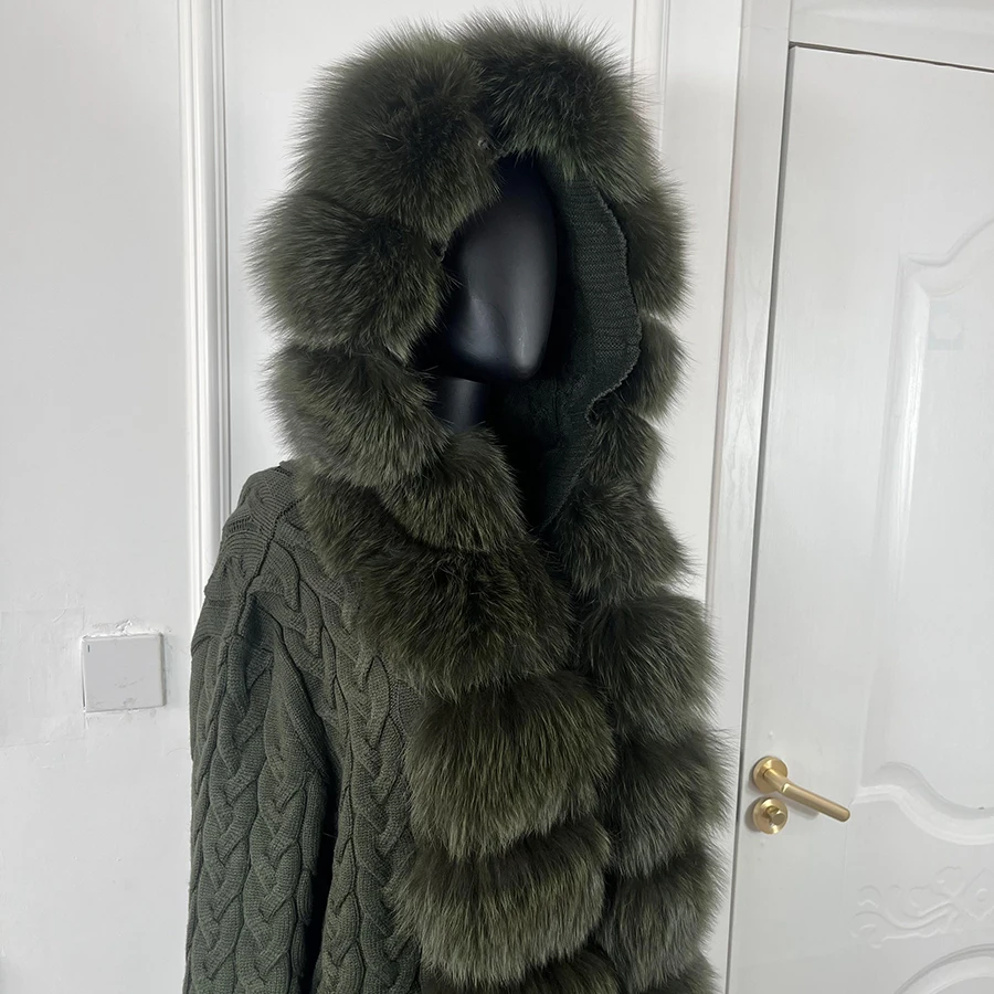 Wool Capes Long Cardigan With Fox Fur Coat Cashmere Knit sweater Winter Women With Real Fox Fur Trims Full Sleeve