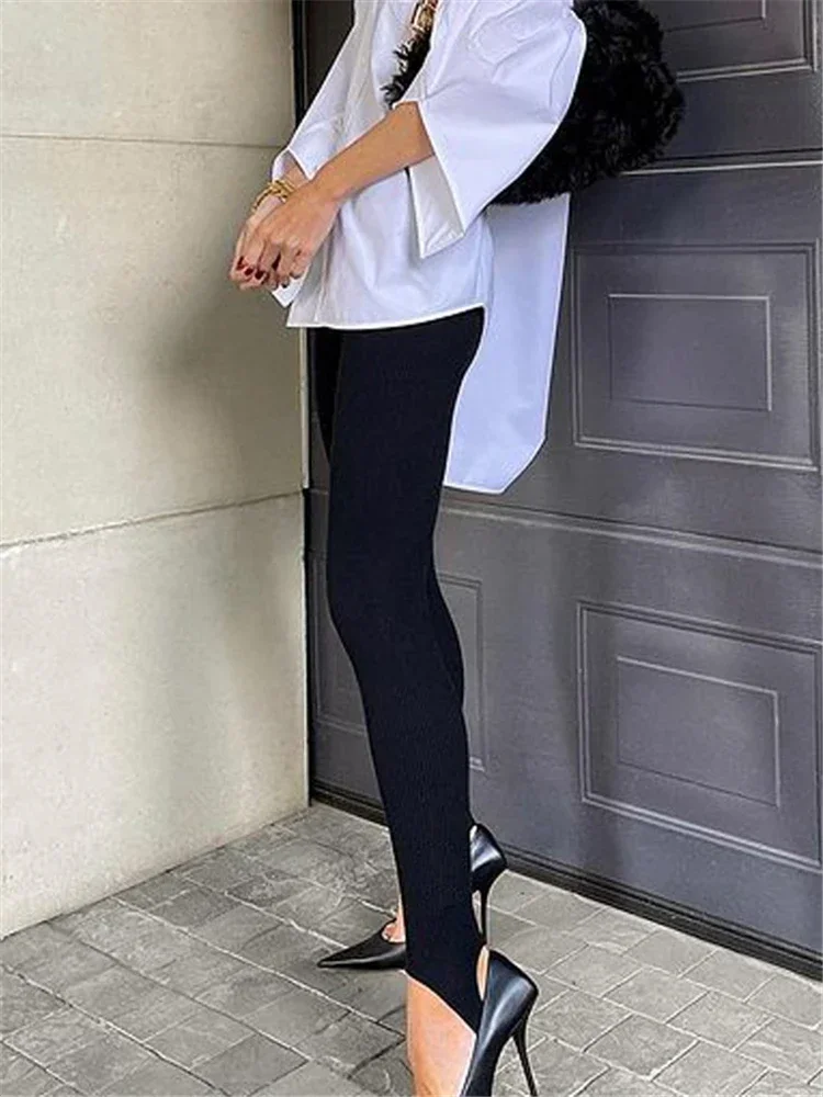 สีดํา Ribbed ถักกางเกงขายาวผู้หญิงสูงเอวผ้าฝ้ายฟิตเนส Basic กางเกงสบายๆฤดูใบไม้ผลิใหม่ทั้งหมดตรงกับหญิงกางเกงขายาว