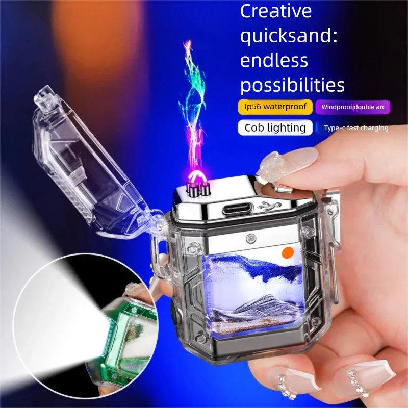 

Новая водонепроницаемая двойная дуговая зажигалка с струящимся песком и подсветкой COB Type-C, быстрая зарядка, электронный воспламенитель для кемпинга на открытом воздухе