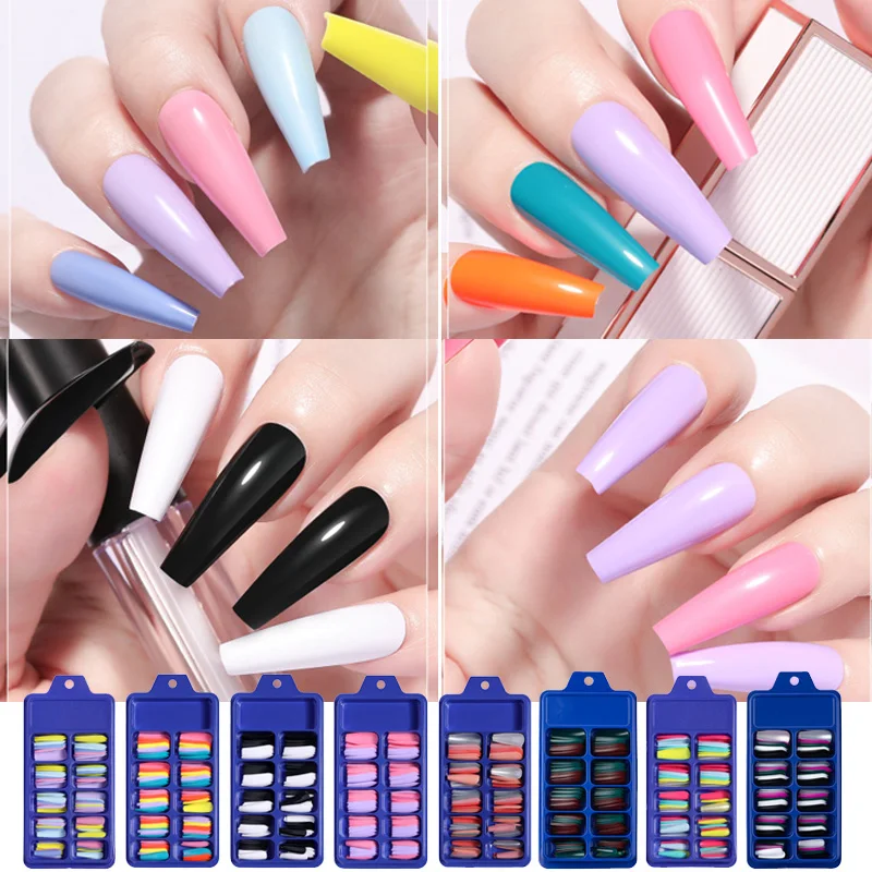 100pcs/box Long Coffin Fake Nails Square Acrylic Artificial Nails Finger Nails Full Cover False Nail Art Tips Manicure Faux Nail