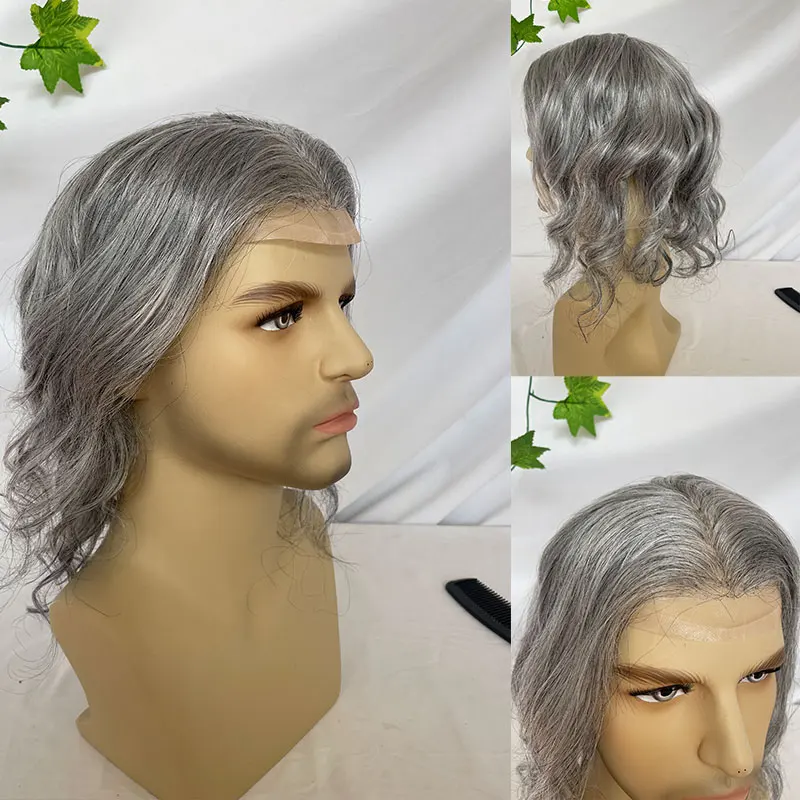 Toupee untuk Wig pria 12 "rambut panjang sistem pengganti gelombang alami untuk pria ukuran dasar 10" x8 "1B rambut manusia campuran 80% rambut abu-abu