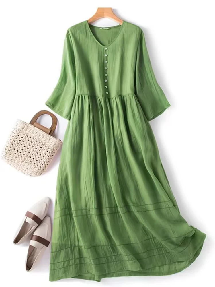 

Women Summer Dresses Bohemian Half sleeve V-Neck High Waist Solid Loose Dress Green White Fairy Midi Dress Female Vestidos