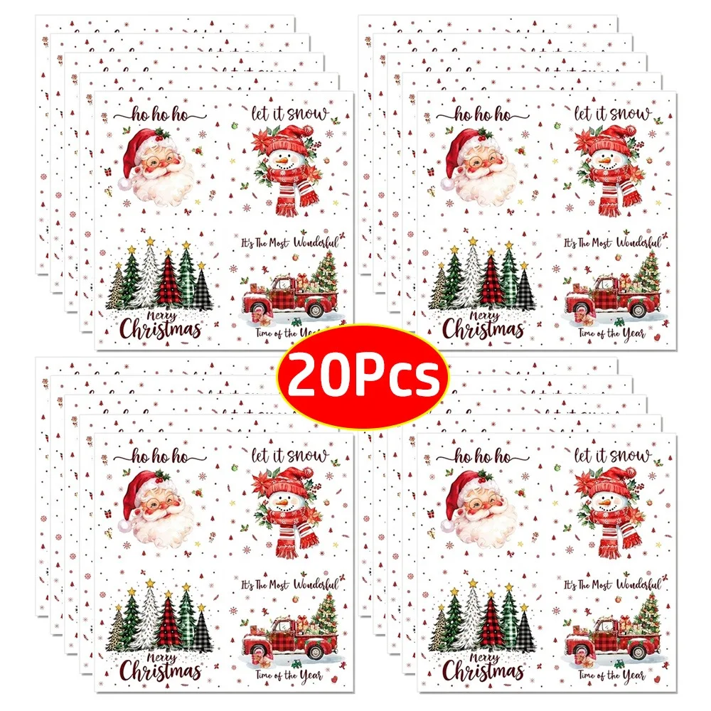 20Pcs Square Shape Christmas Paper Napkins Santa Snowman Paper Printed Paper Napkins Christmas Tree Holiday Table Napkins