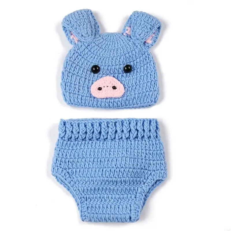 Y1QF Pig Costume for Newborn Baby Photography Props Baby Boy Girls Pig Costume Crochet Baby Photo Prop