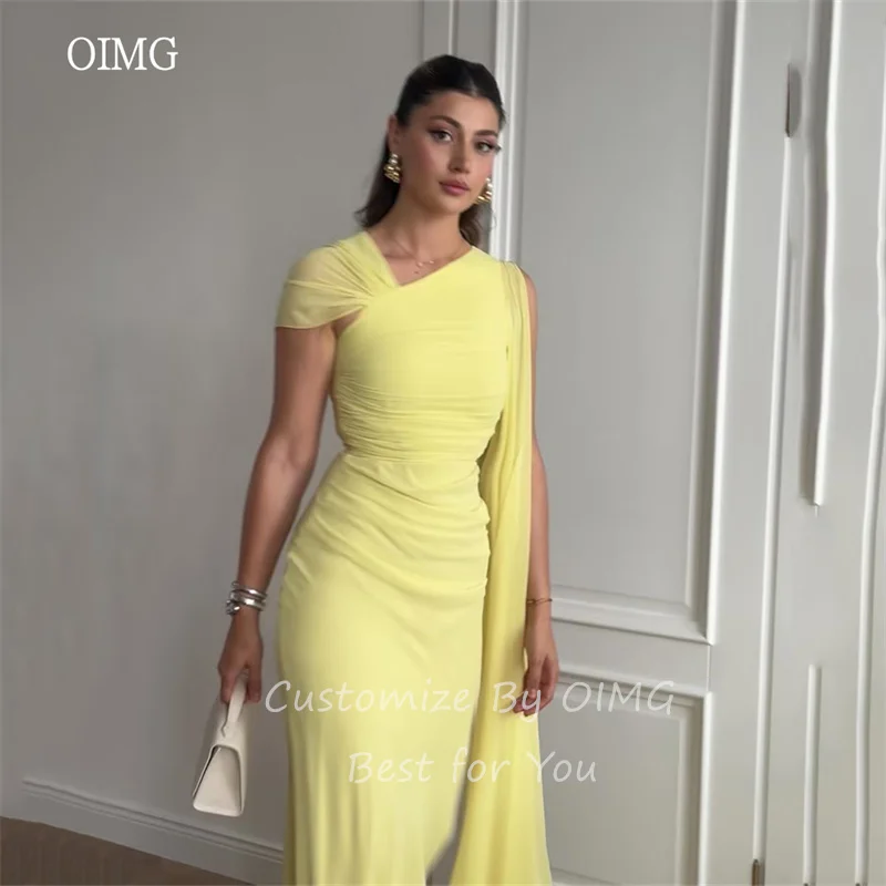 OIMG Elegant Yellow A-line Prom Gowns Cape Sleeve Formal Party Gown Chiffon Evening Dress vestidos de fiesta