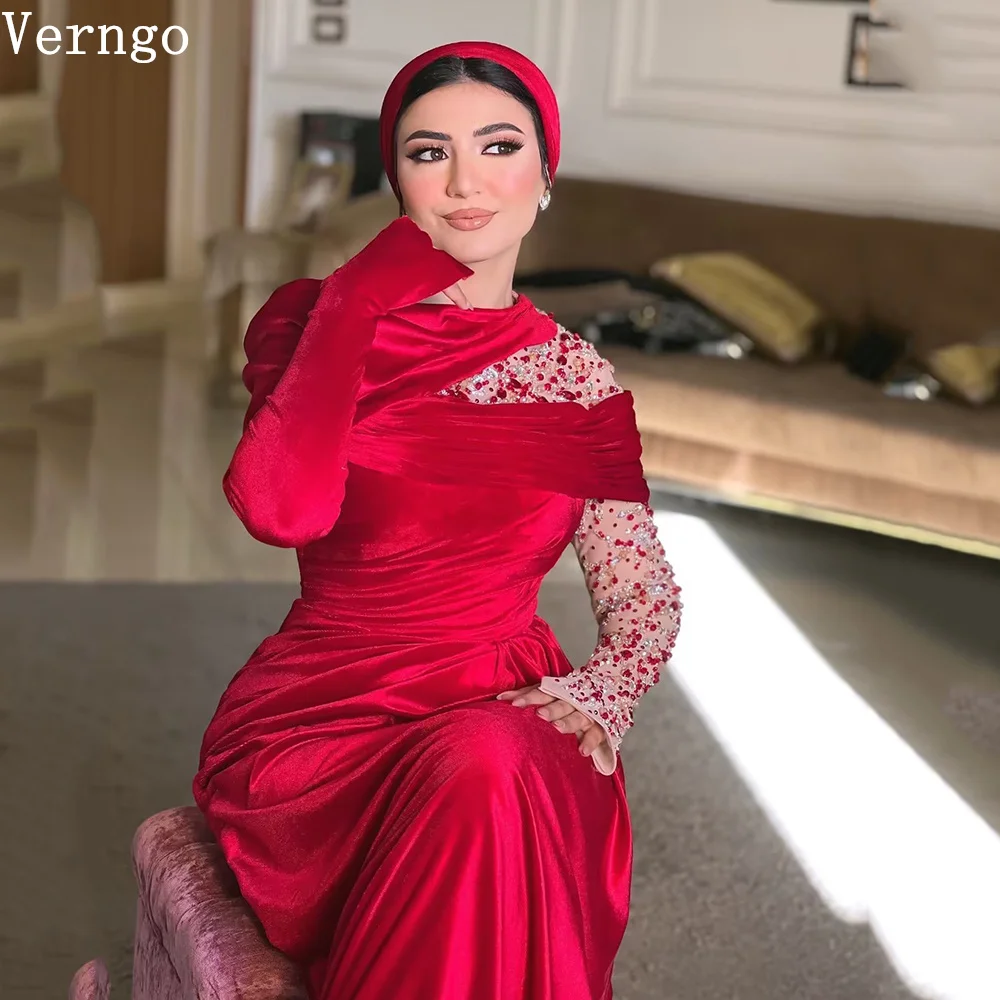 

Verngo Elegant Sequined Red Prom Gowns O Neck Mermaid Full Sleeves Evening Dress Women Dubai Prom Party Dresses Customized