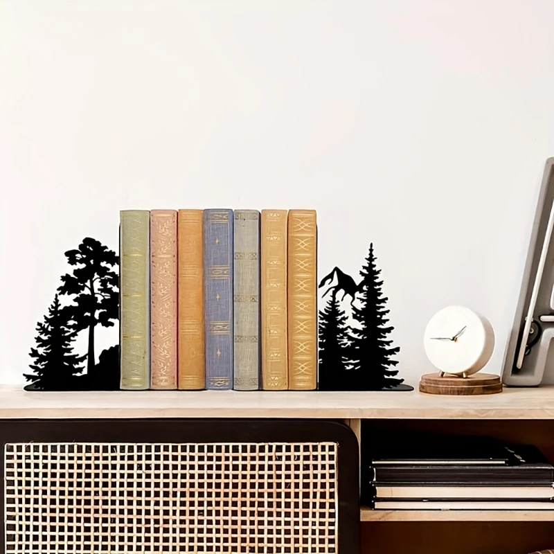 Forest Cutout Bookends, 2-Piece Matte Black Iron Set with Upright Styling for Organized Books on Office Desks and Home Study