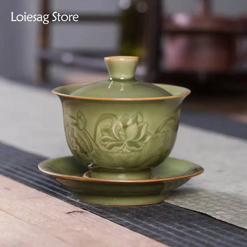 

Loiesag 180Ml Antique Sancai Ceramic Covered Bowl Longquan Celadon Kung Fu Tea Set Office Reception Travel Cup