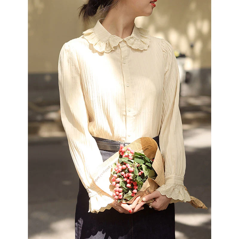 

Spring 2026 Women's Chiffon Shirt Peach Color Long Sleeve Doll Collar Gentle Inner Wear French Style Straight Cut Pure Color