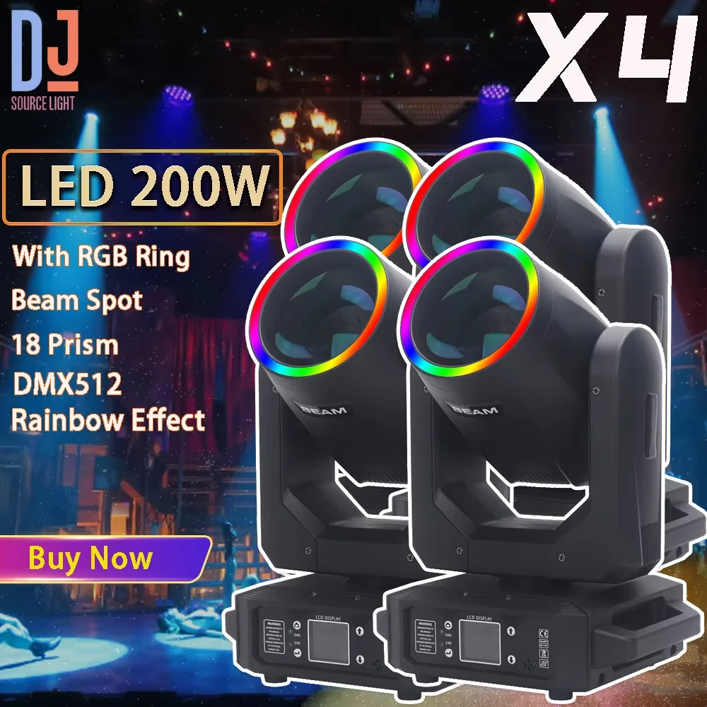 4Pcs LED Moving Head Light 200W Beam+Spot+18 Prism+Rainbow Effect Stage Lighting Dmx DJ Disco Party Wedding Stage Effects Lamp