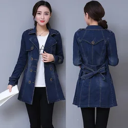 2024 Autumn Denim Jacket Coat Women Double-breasted Full Sleeves Vintage Windbreaker Female Long Jean Jacket Outerwear Tops