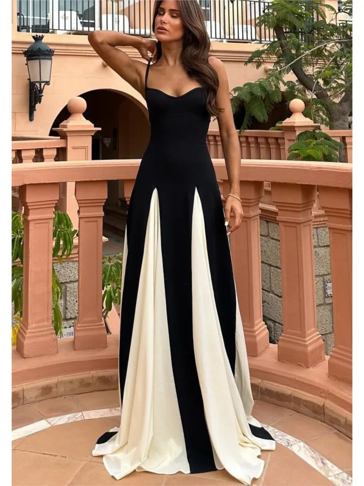 Women Drape Pleat Maxi Dress Fashion Splicing Tube Tops Party Dress Sexy Spaghetti Strap Sleeveless Color Matching Club Dress