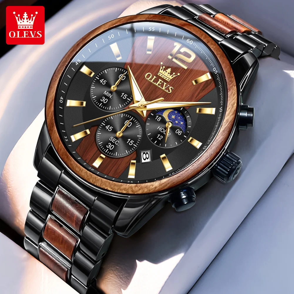 OLEVS 3645 Moon Phase Dial Calendar Window Original Quartz Movement Watch Timing Function HD Luminous Function Natural Style Watch For Men