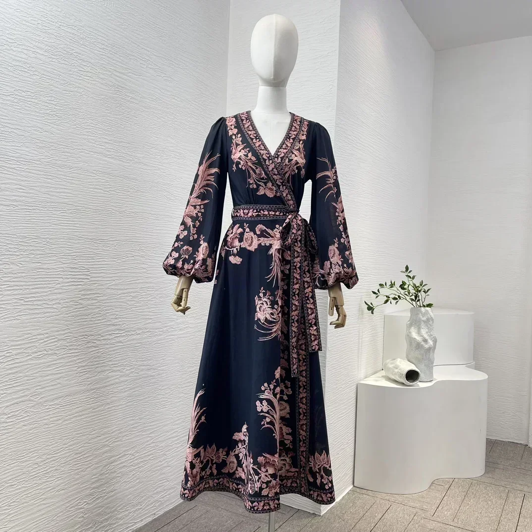 2024 New Women Black Vintage Floral Printing  Long Lantern Sleeve High Quality Cotton Midi Wrap Dress Spring Summer