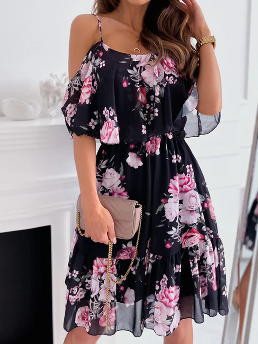 Sexy Strap Woman Dress Summer Floral Chiffon Print Off Shoulder Sundress Elegant Chiffon A-Line Beach Boho Dresses Vestidos