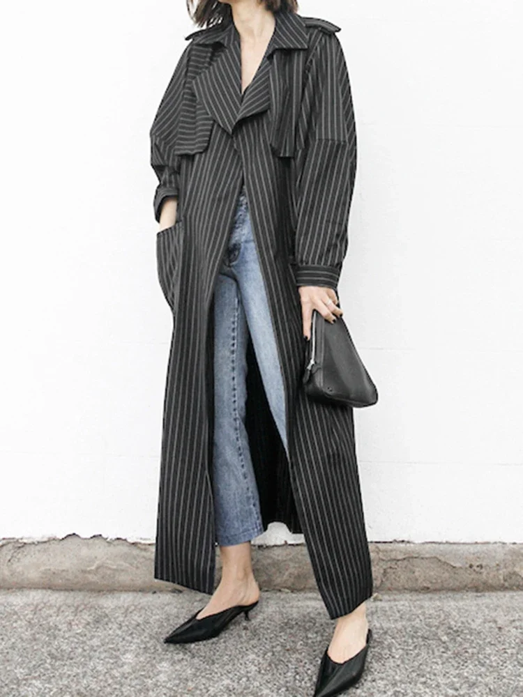 Imagem -03 - Twotwinestilo Casual Listrado Trench Coat para as Mulheres Cabolsa de Manga Comprida com Gola Entalhado e Botão Estilo Minimalista Novo