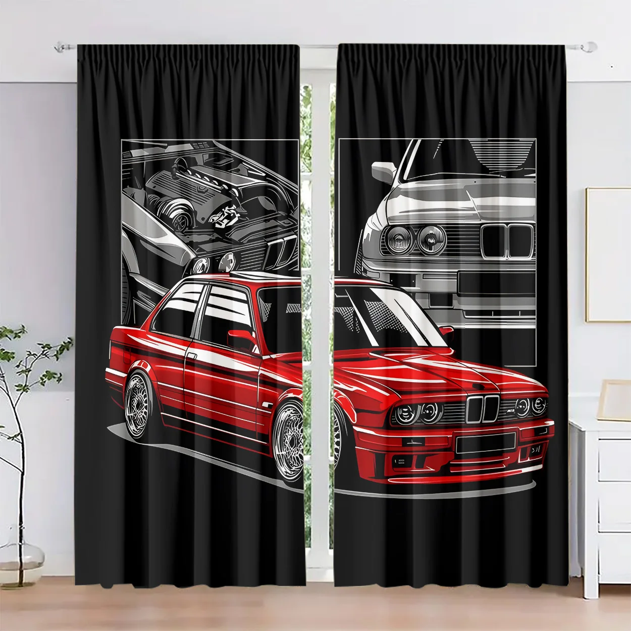 Red Sports Car Curtain Classic Auto Window Drape Racing Vehicle Decor for Boys Room, Black Background Garage Home Textile Fabric