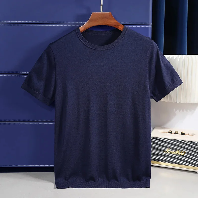 Light Luxury Summer Mulberry Silk Casual Men's Lyocell Business Solid Color Fashion Round Neck Short-sleeved T-shirt M-4XL