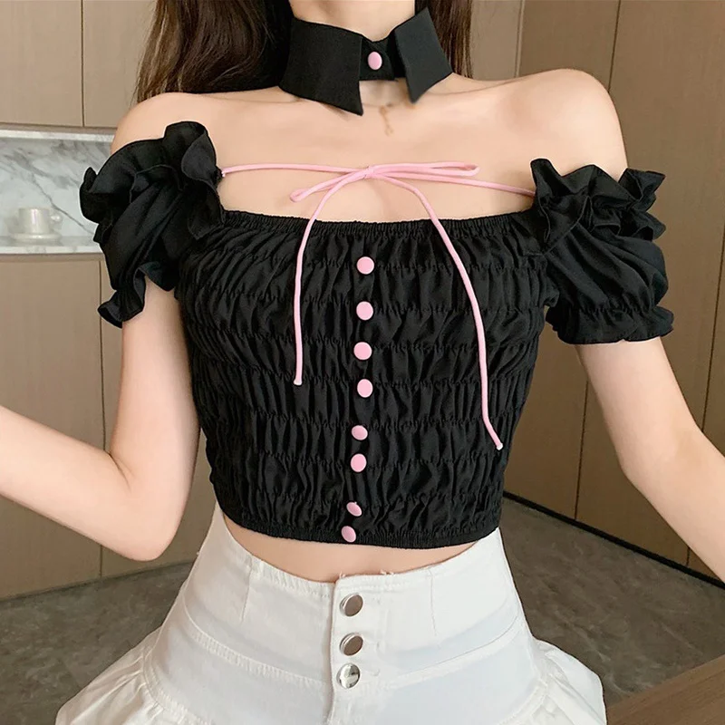 

Fashion Strapless Short Tops for Girls Women Sexy Slim Tie Upace Up Fungus Shoulders Tops Shirts for Ladies Casual Short Shirts