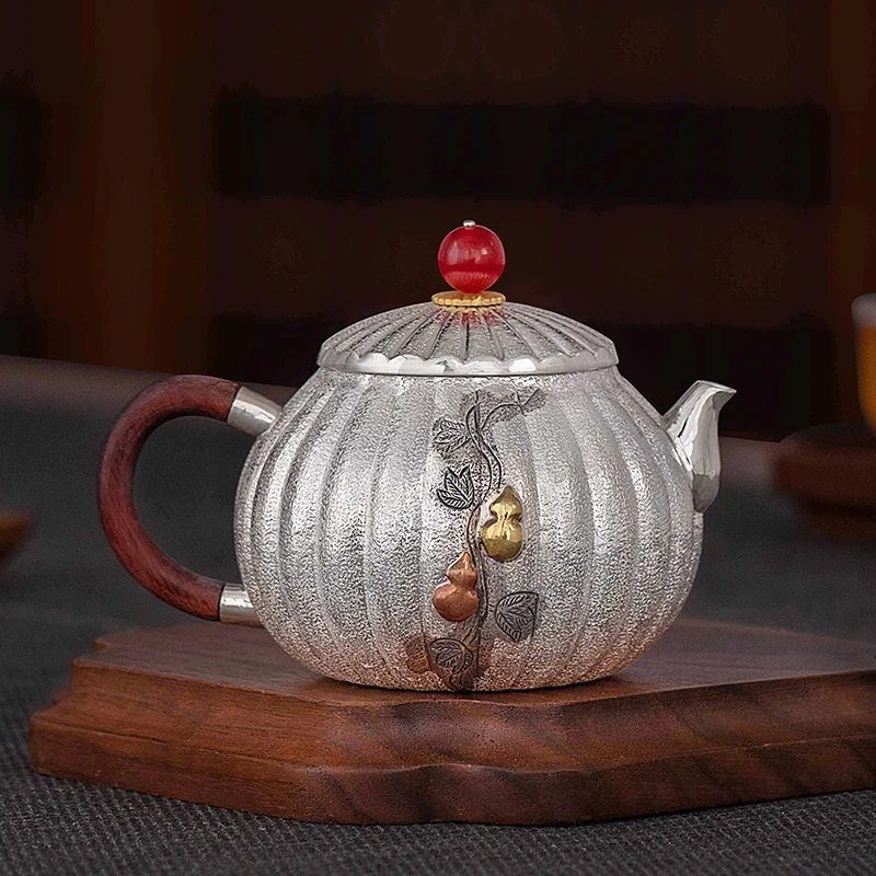 Silver pot pure silver 999 teapot gourd Kung fu tea set Tea ceremony household handmade silver teapot